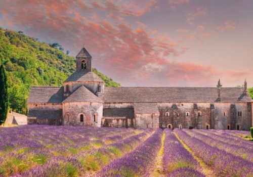 Notre-dame De Senanque Abbey, Vaucluse, France. Beautiful Landscape Lavender Field And An Ancient Monastery Abbaye Notre-dame De Senanque. Elevated View, Panorama. Altered Sunset Sky.